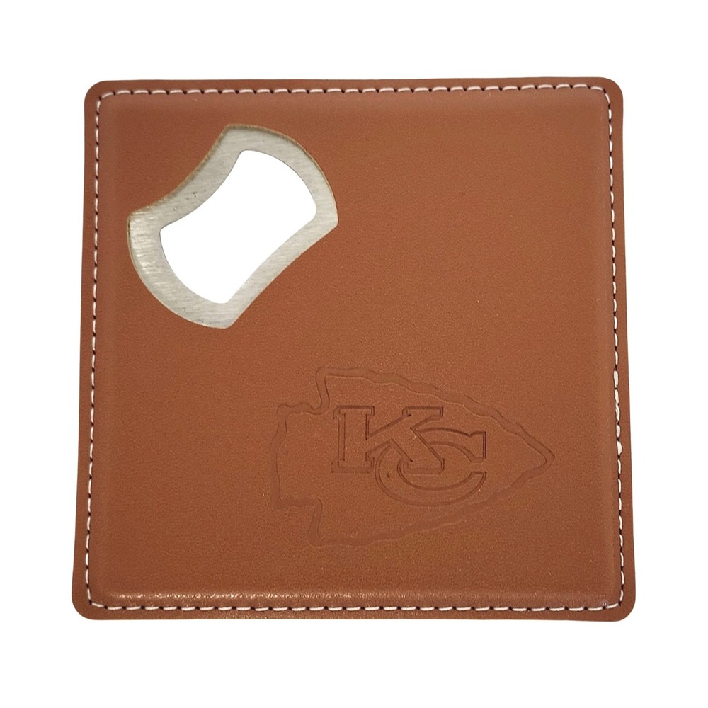Kansas City Chiefs Coaster Bottle Opener Brown Leatherette NFL Football Barware